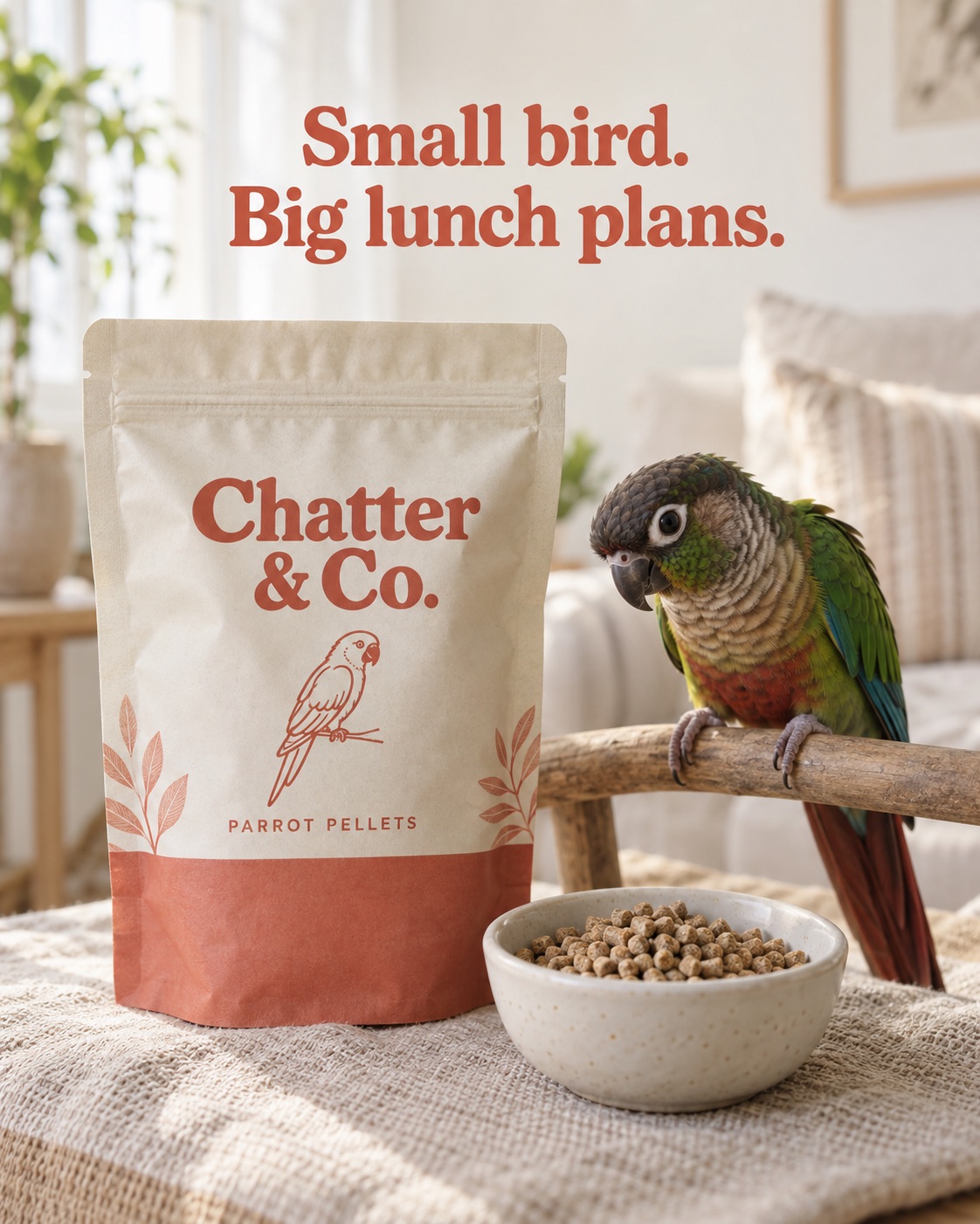 AI-generated spec ad for a fictional parrot food brand, Chatter & Co.: a conure on a perch beside a bowl of pellets and the pouch, headline Small bird. Big lunch plans.