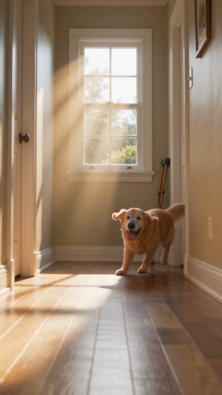 AI-generated spec ad for a fictional senior-dog hip and joint supplement, Boneopause: a stiff golden retriever carrying a cane, then bounding happily down the hallway past the discarded cane, ending on the product bottle