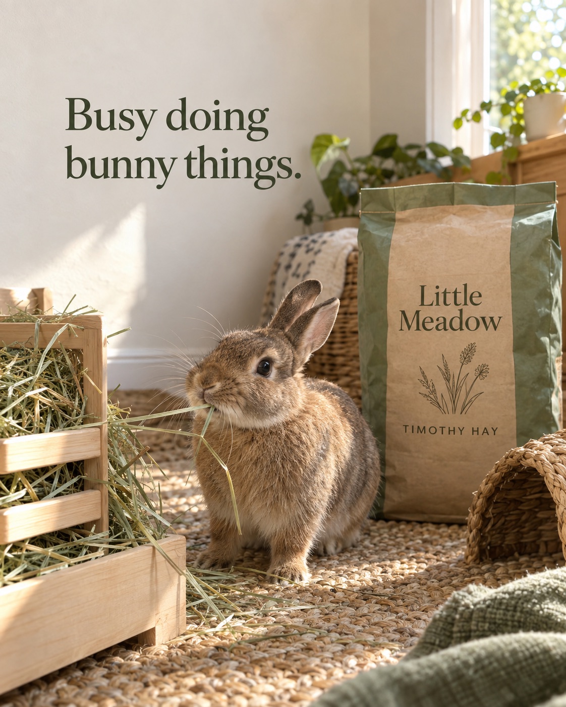 AI-generated spec ad for a fictional small-pet hay brand, Little Meadow: a rabbit eats timothy hay beside the paper bag, headline Busy doing bunny things.