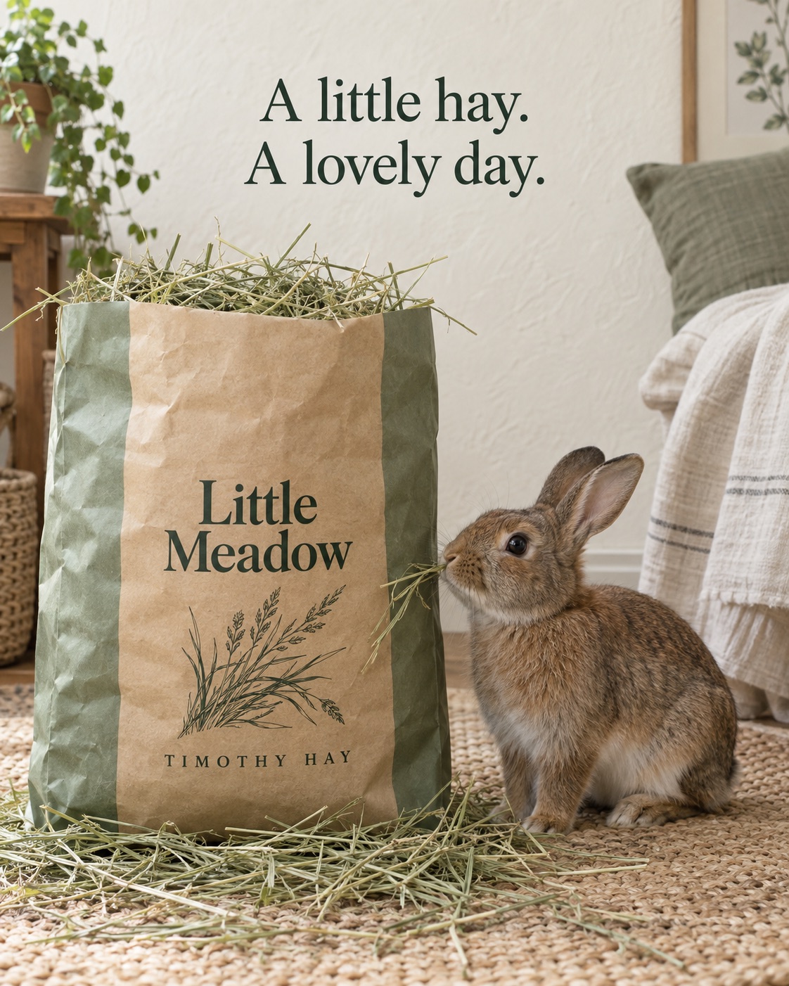 AI-generated spec ad for a fictional small-pet hay brand, Little Meadow: a rabbit noses an overflowing bag of hay in a sunlit room, headline A little hay. A lovely day.