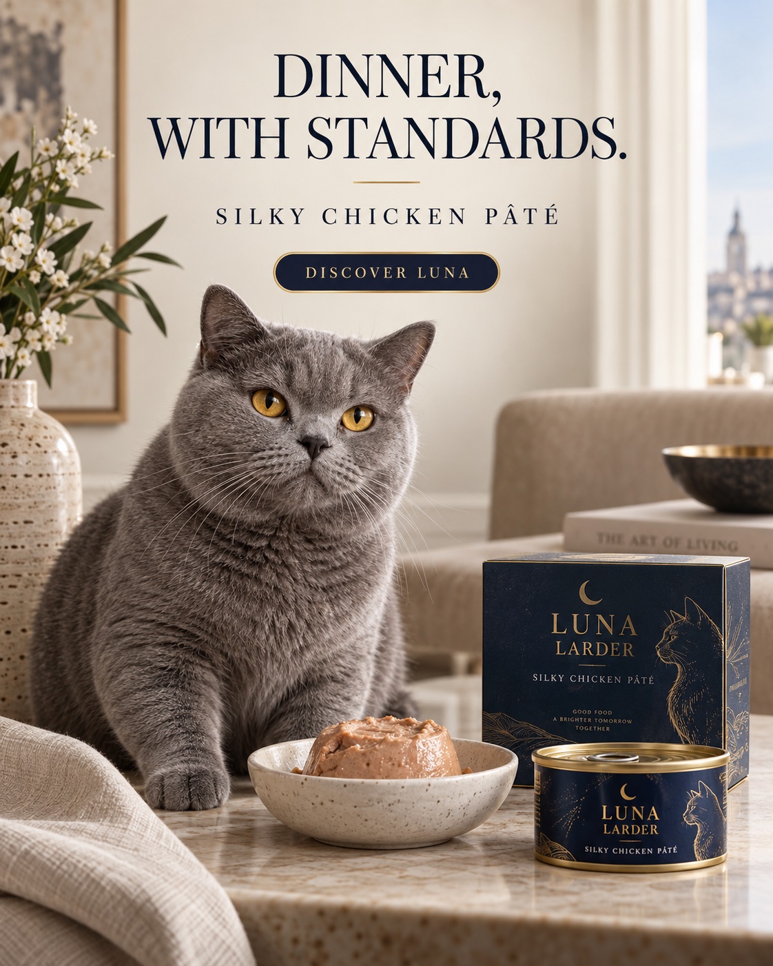 AI-generated spec ad for a fictional premium cat food brand, Luna Larder: a British shorthair seated at a marble table beside a bowl of chicken pâté and a navy and gold can and box, headline Dinner, with standards.