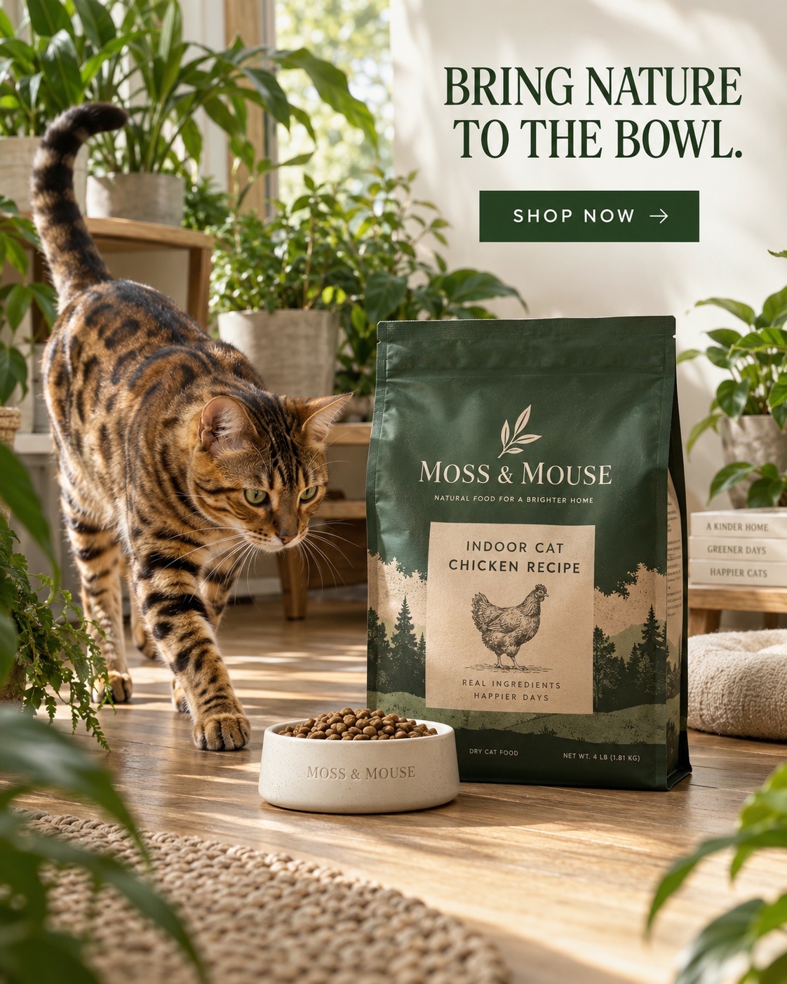 AI-generated spec ad for a fictional natural cat food brand, Moss & Mouse: a Bengal cat walking toward a filled bowl among houseplants beside the indoor cat chicken recipe bag, headline Bring nature to the bowl.