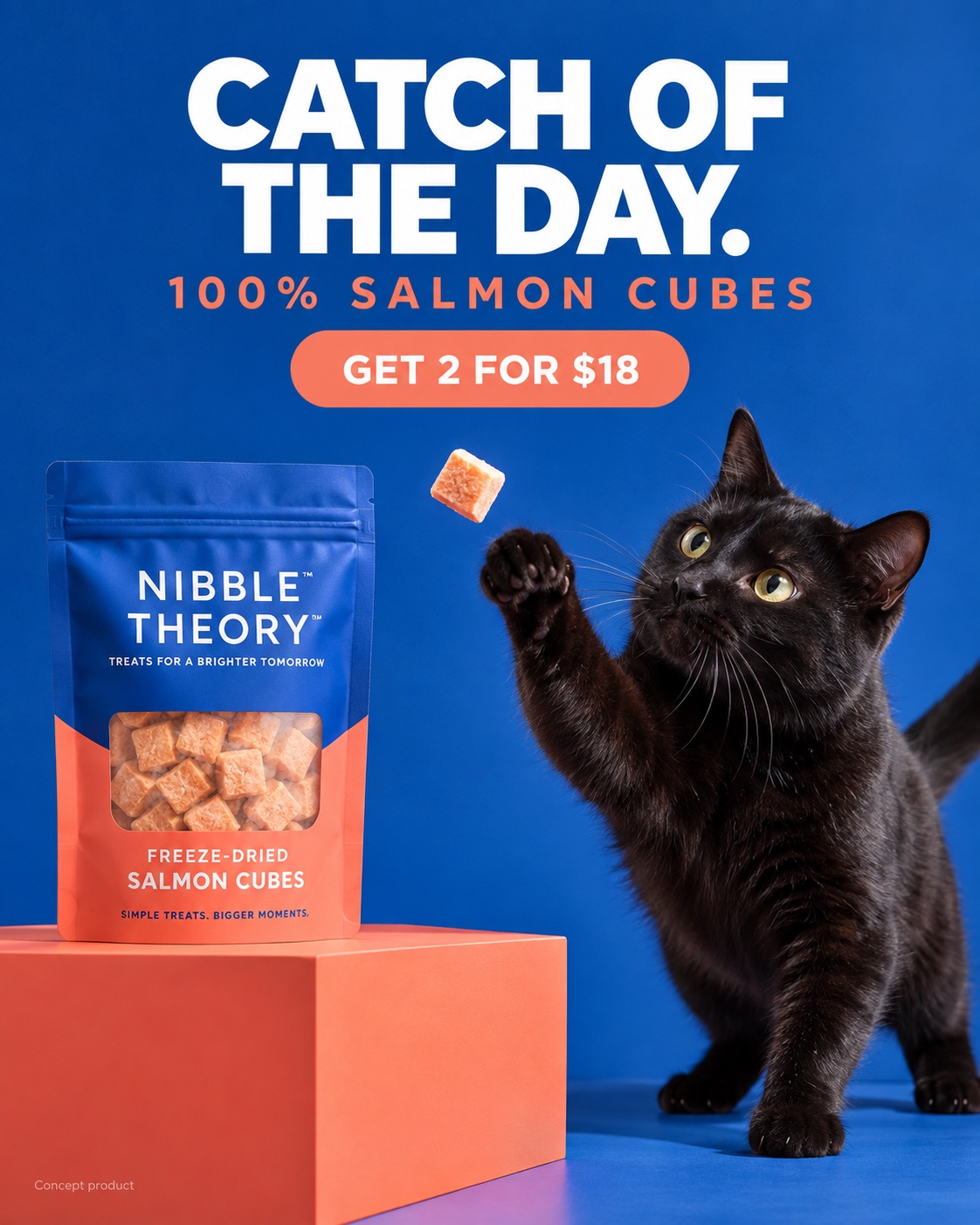 AI-generated spec ad for a fictional cat treat brand, Nibble Theory: a black cat batting at a freeze-dried salmon cube against a bold blue studio backdrop, the treat pouch on an orange plinth, headline Catch of the day.