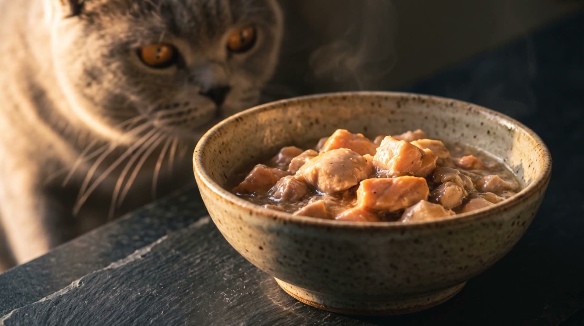AI-generated spec ad for a fictional premium cat food brand: a grey cat leans in over a steaming bowl of stew in moody side light