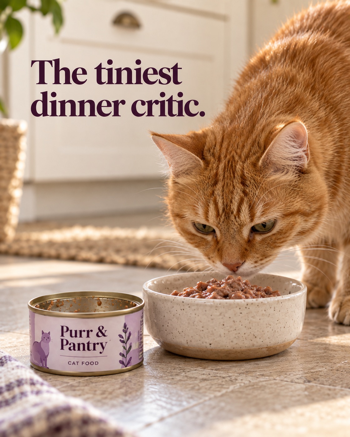 AI-generated spec ad for a fictional cat food brand, Purr & Pantry: a ginger cat inspects a bowl of wet food beside the open tin, headline The tiniest dinner critic.