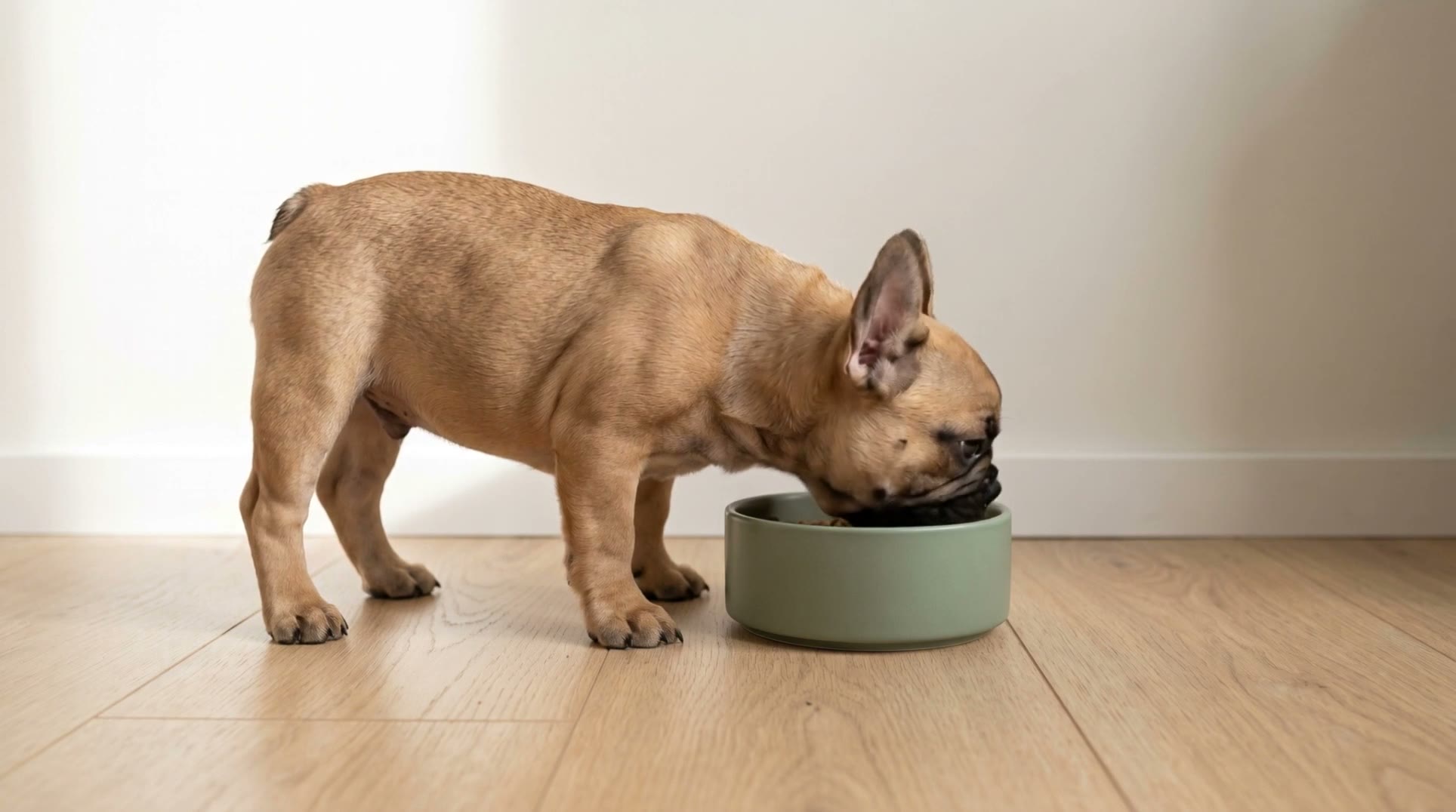 AI-generated spec ad demonstrating variant testing: the same dog-food bowl scene run with a French bulldog puppy, a border collie and a golden retriever