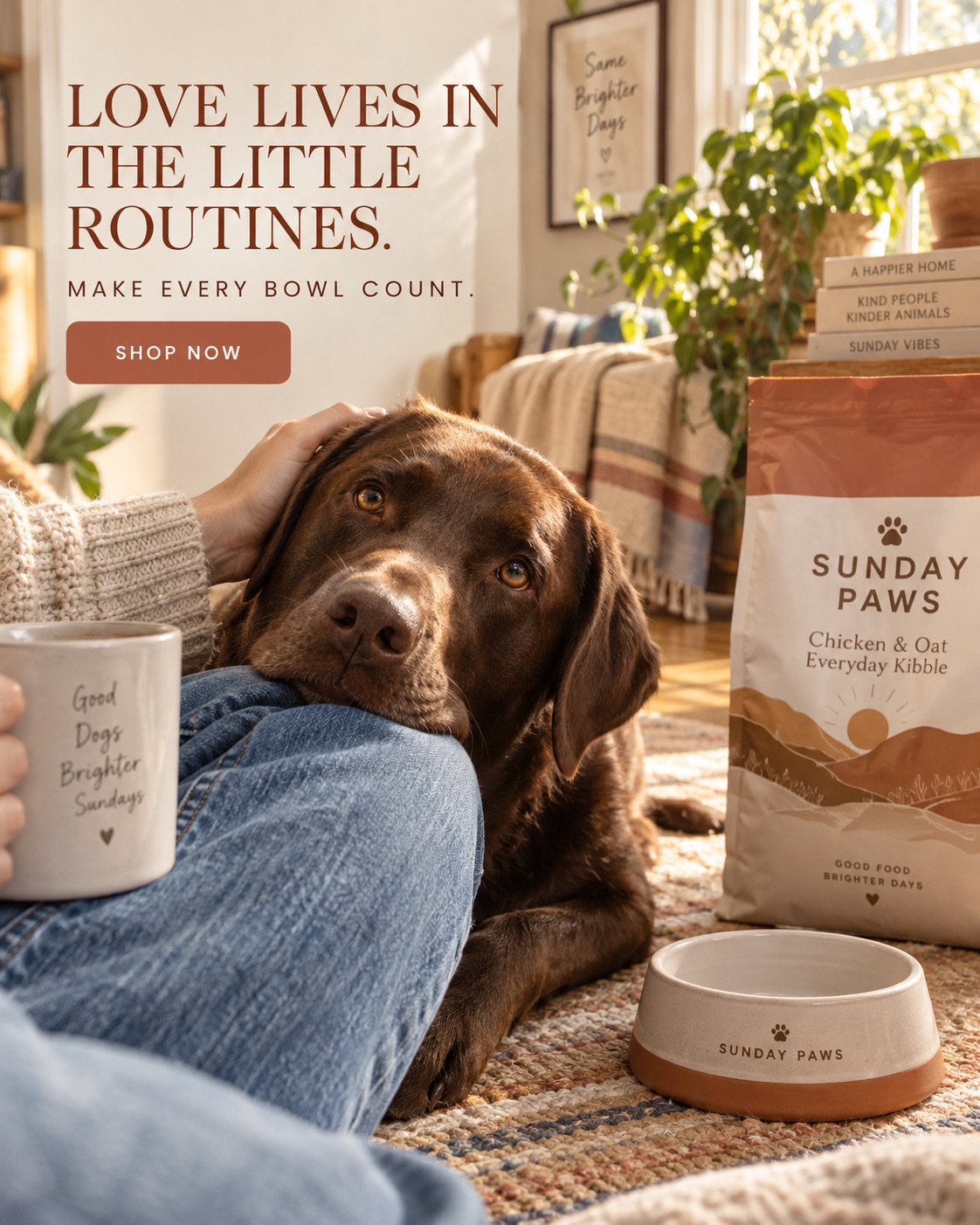 AI-generated spec ad for a fictional everyday kibble brand, Sunday Paws: a chocolate labrador resting its head on its owner's knee on a living room rug next to the chicken and oat bag, headline Love lives in the little routines.