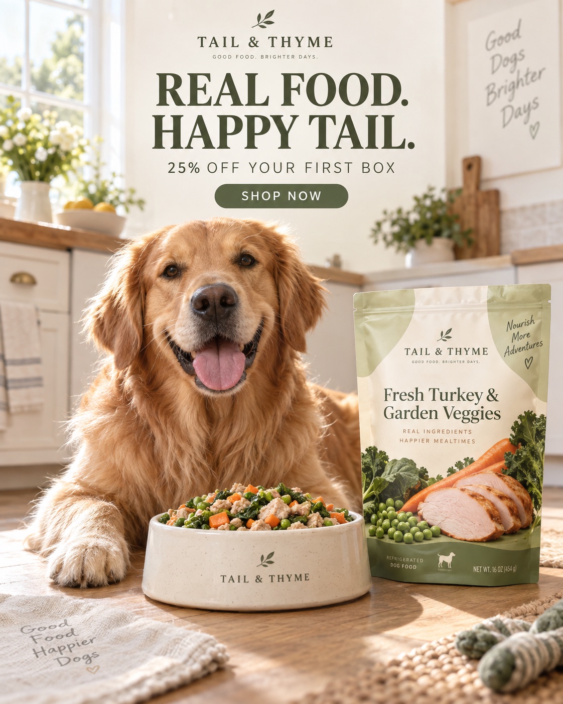 AI-generated spec ad for a fictional fresh dog food brand, Tail & Thyme: a smiling golden retriever in a sunlit kitchen beside a bowl of turkey and garden vegetables and the refrigerated pouch, headline Real food. Happy tail.