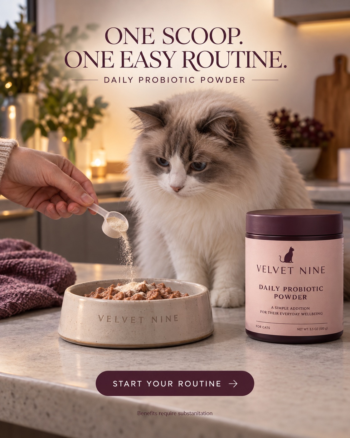 AI-generated spec ad for a fictional cat supplement brand, Velvet Nine: a ragdoll cat watching a scoop of probiotic powder sprinkled over wet food beside the jar, headline One scoop. One easy routine.