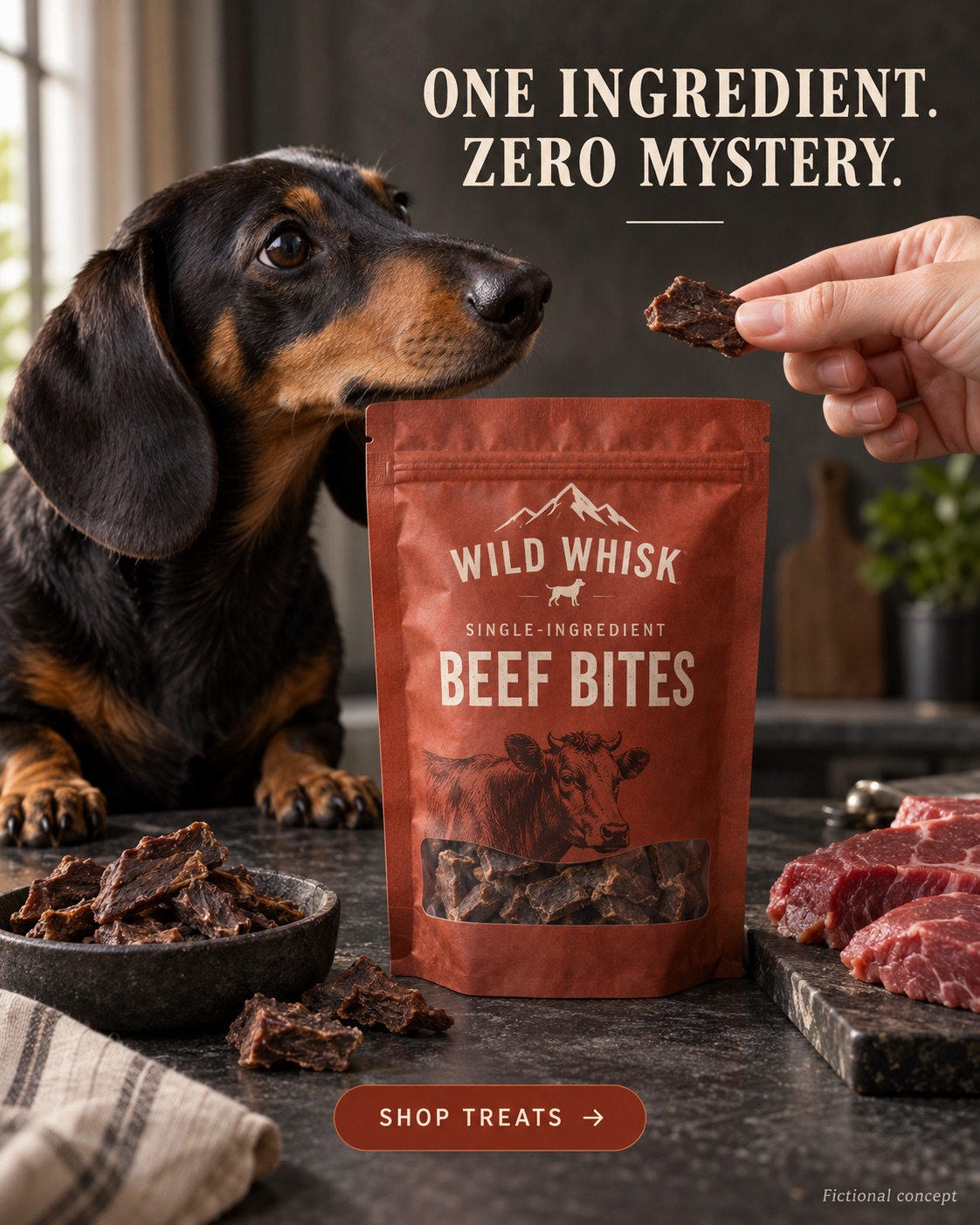 AI-generated spec ad for a fictional dog treat brand, Wild Whisk: a dachshund eyeing a beef bite held above the single-ingredient treat pouch, headline One ingredient. Zero mystery.