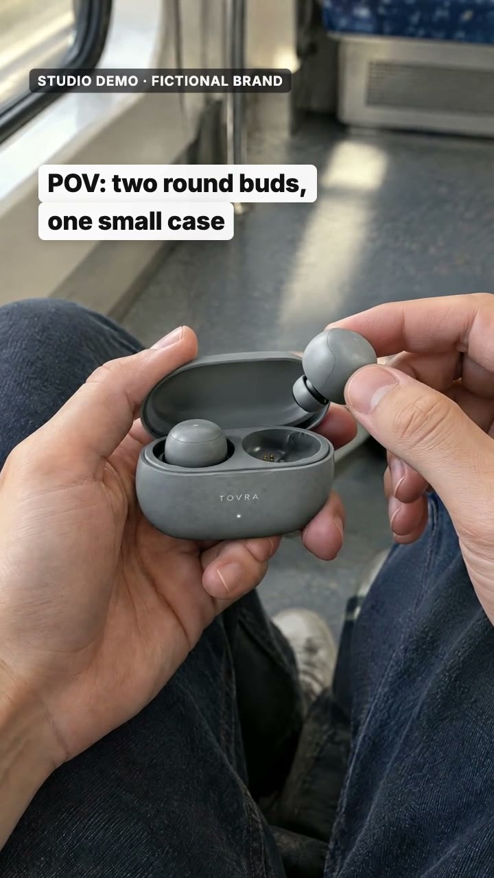 AI-generated studio demo TikTok opening for the fictional audio brand TOVRA: a first-person view on a train of two hands lifting one round stone-grey earbud from the open case