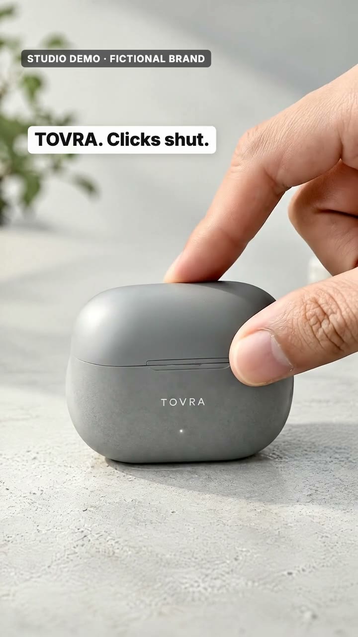 AI-generated studio demo TikTok opening for the fictional audio brand TOVRA: a fingertip presses the lid of the stone-grey earbud case shut with an audible click