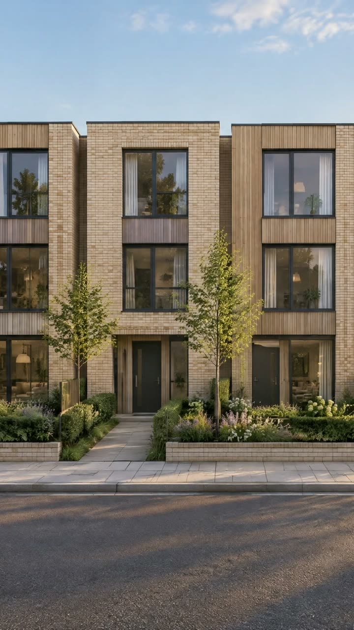 Camera move across an architect's render of six new townhouses, labelled as an illustration