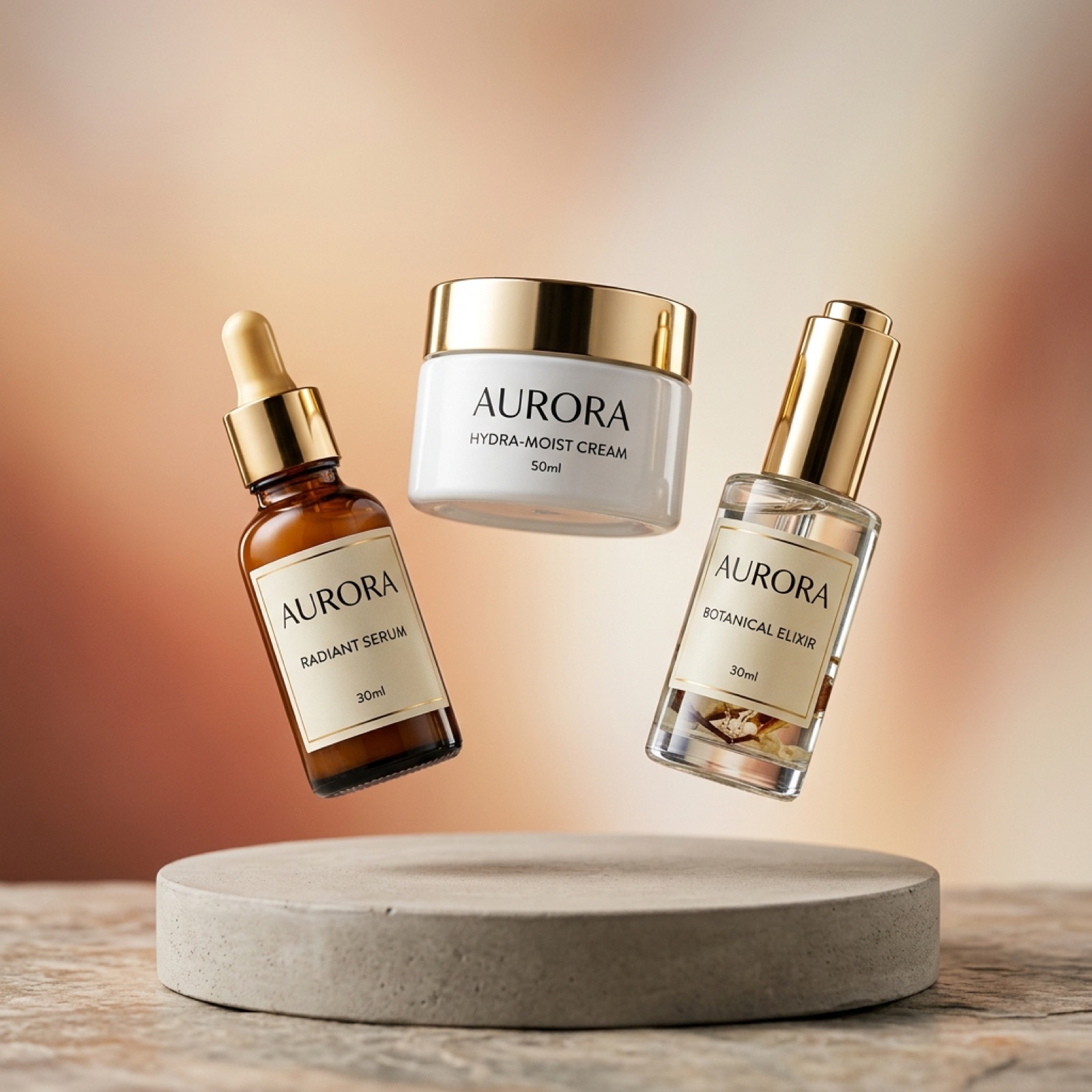 Three premium skincare SKUs on a pedestal with studio rim light