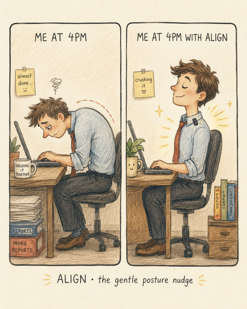 AI-generated spec ad for a fictional brand: hand-drawn two-panel comic for a posture wearable