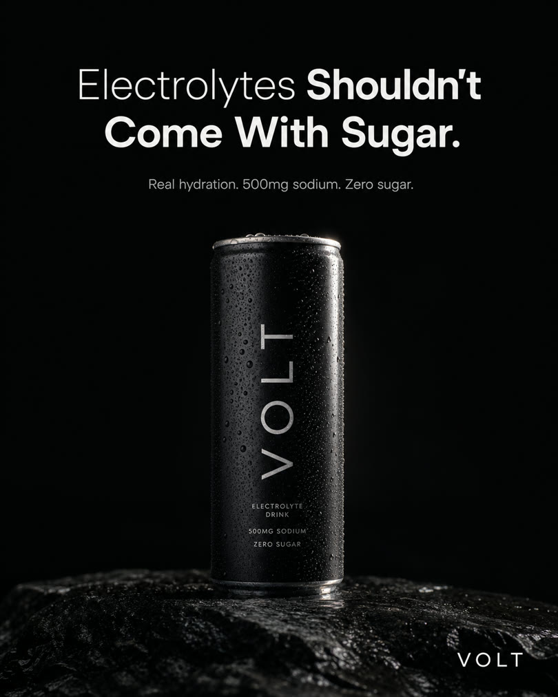AI-generated spec ad for a fictional brand: Dark premium electrolyte can ad with editorial headline