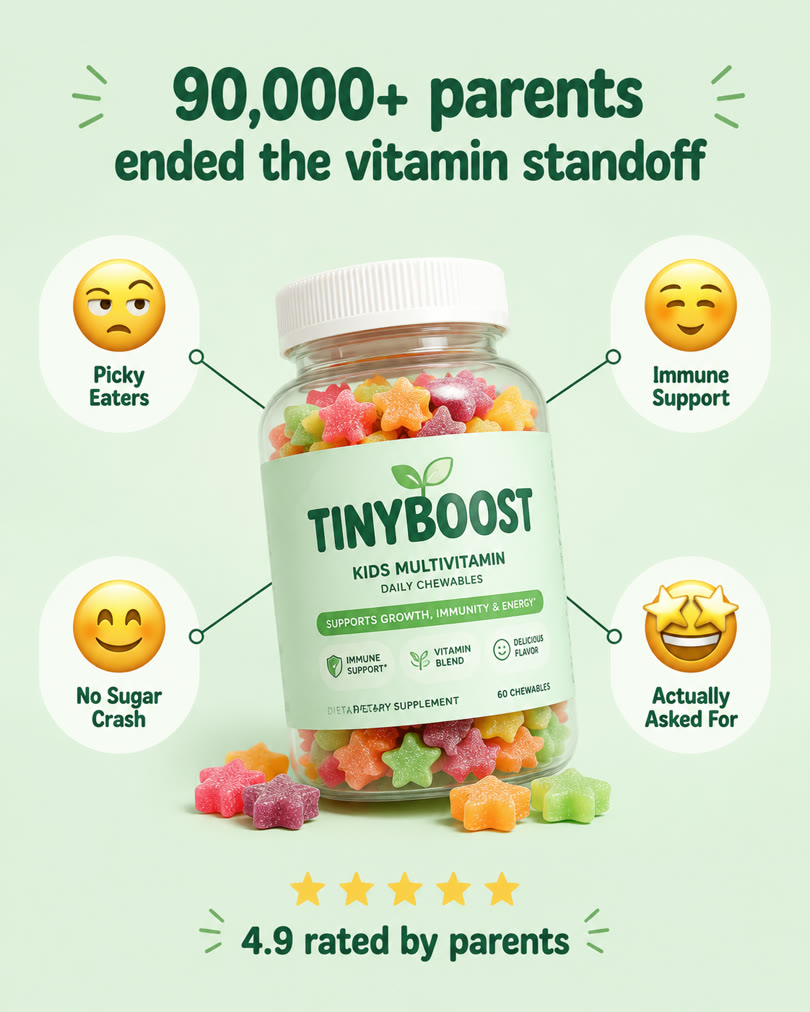 AI-generated spec ad for a fictional brand: emoji benefit diagram for kids vitamins