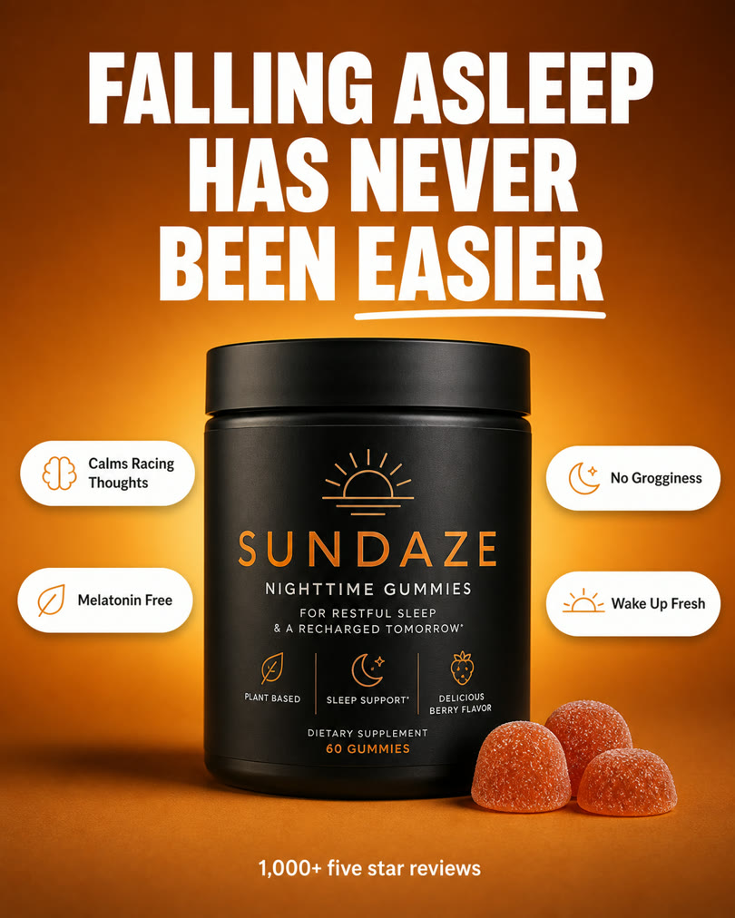 AI-generated spec ad for a fictional brand: Sleep gummies ad, bold claim and benefit badges
