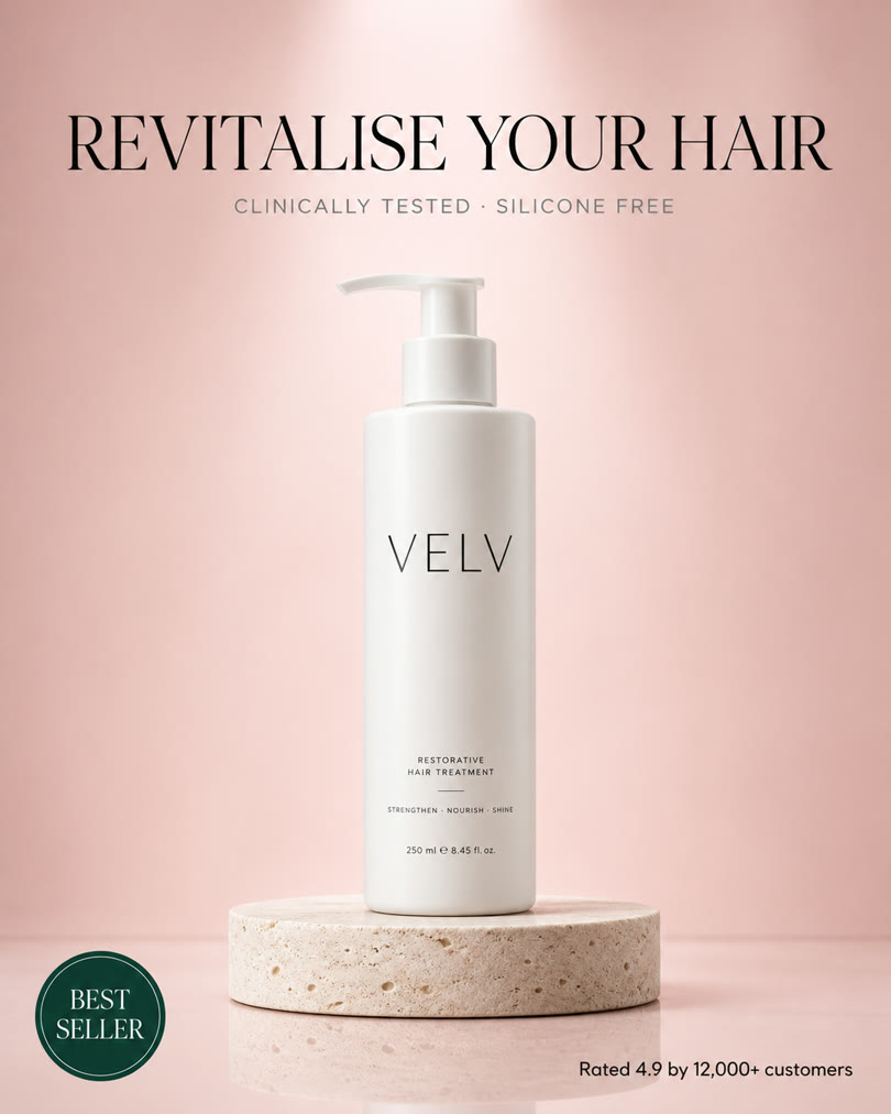 AI-generated spec ad for a fictional brand: Minimal premium haircare ad on travertine pedestal