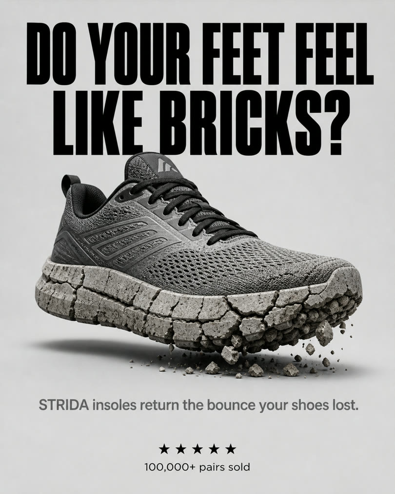AI-generated spec ad for a fictional brand: Concrete-sole running shoe metaphor ad