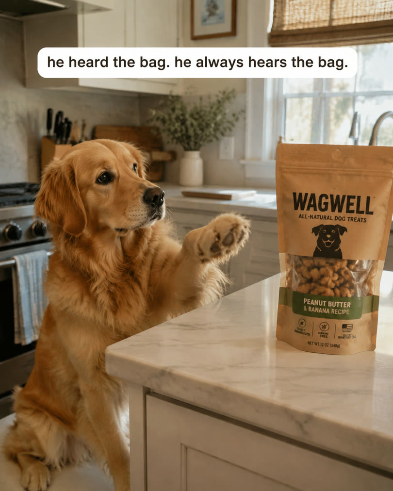 AI-generated spec ad for a fictional dog treat brand: retriever begging politely at a kitchen island