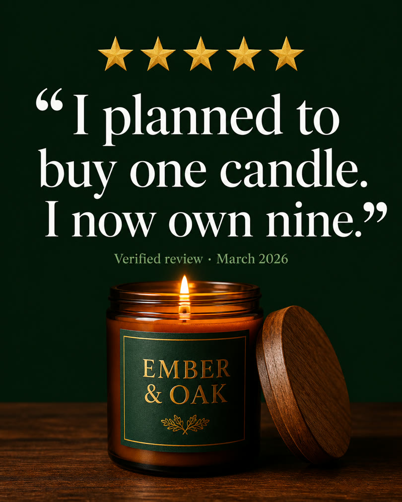 AI-generated spec ad for a fictional brand: Review-quote candle ad on deep green