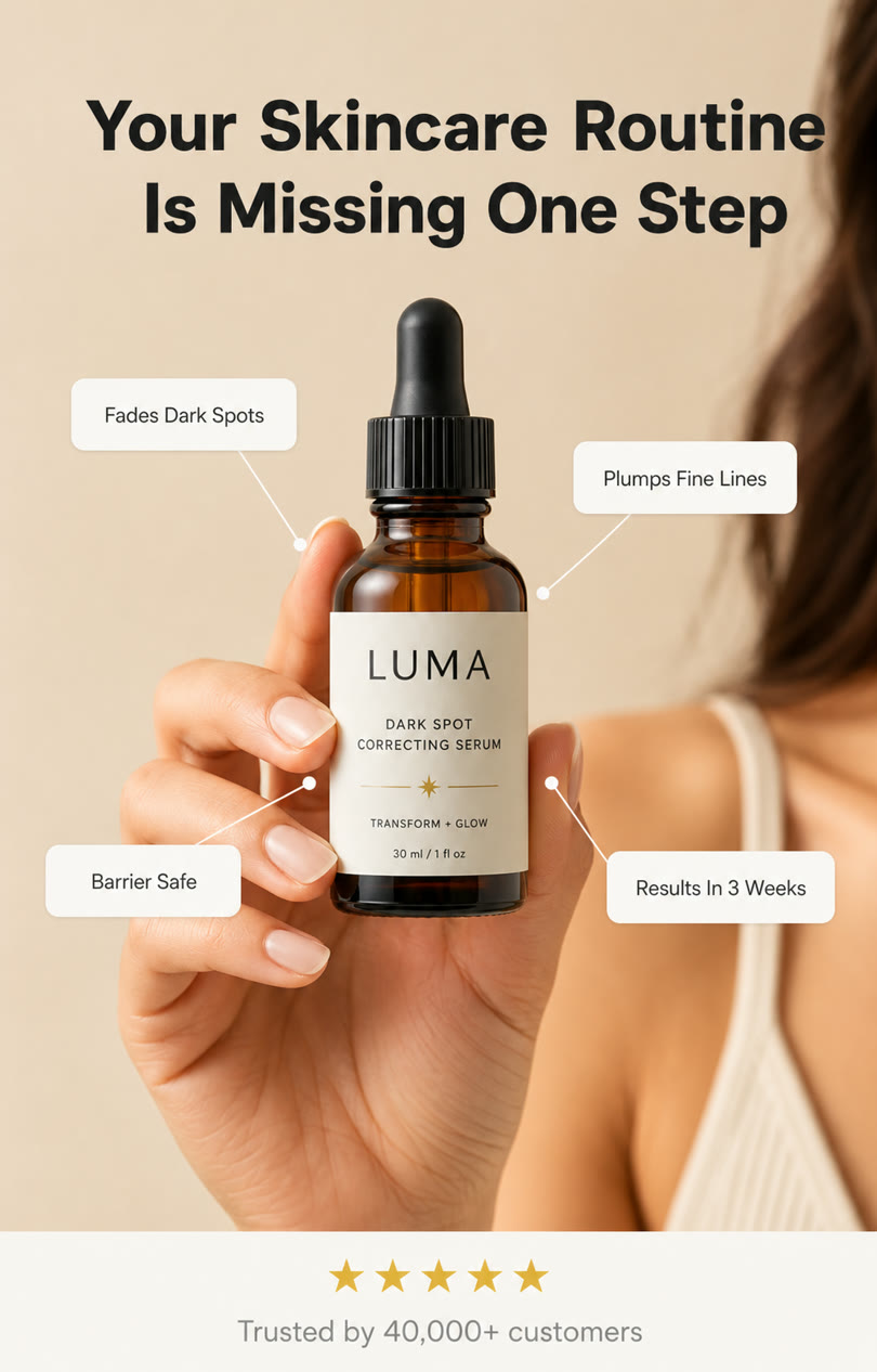 AI-generated spec ad for a fictional brand: Annotated serum ad, benefit callouts around the bottle