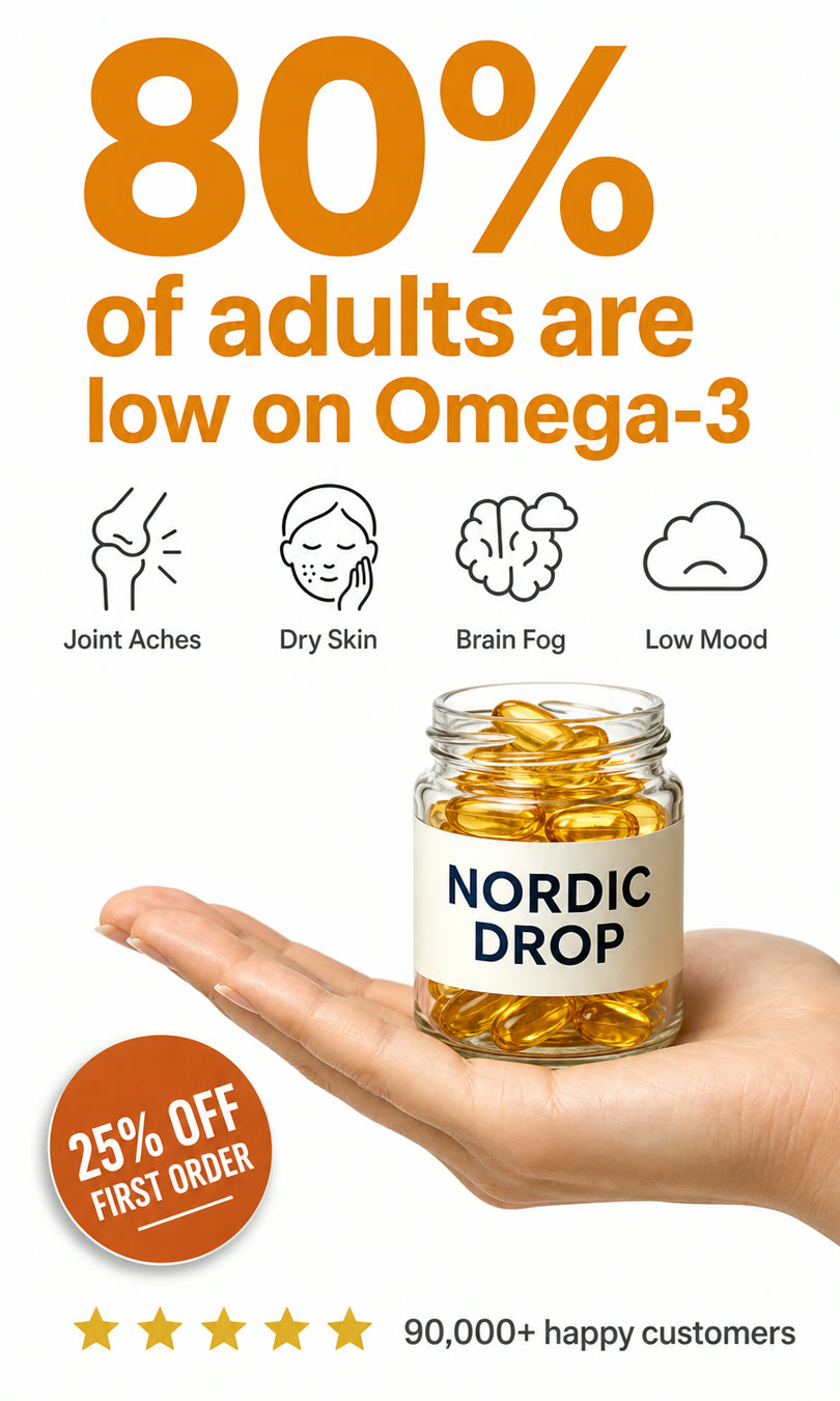 AI-generated spec ad for a fictional brand: Stat-led omega-3 infographic ad with discount badge