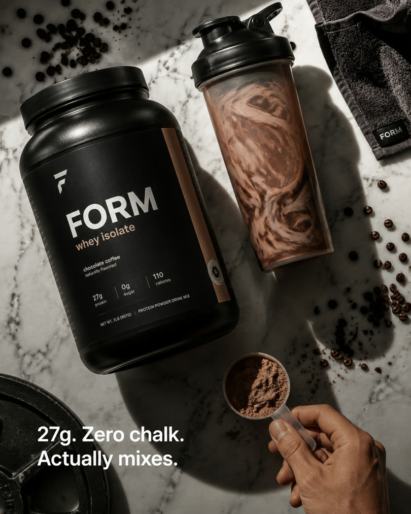AI-generated spec ad for a fictional protein powder: marble flat-lay with shaker and scoop
