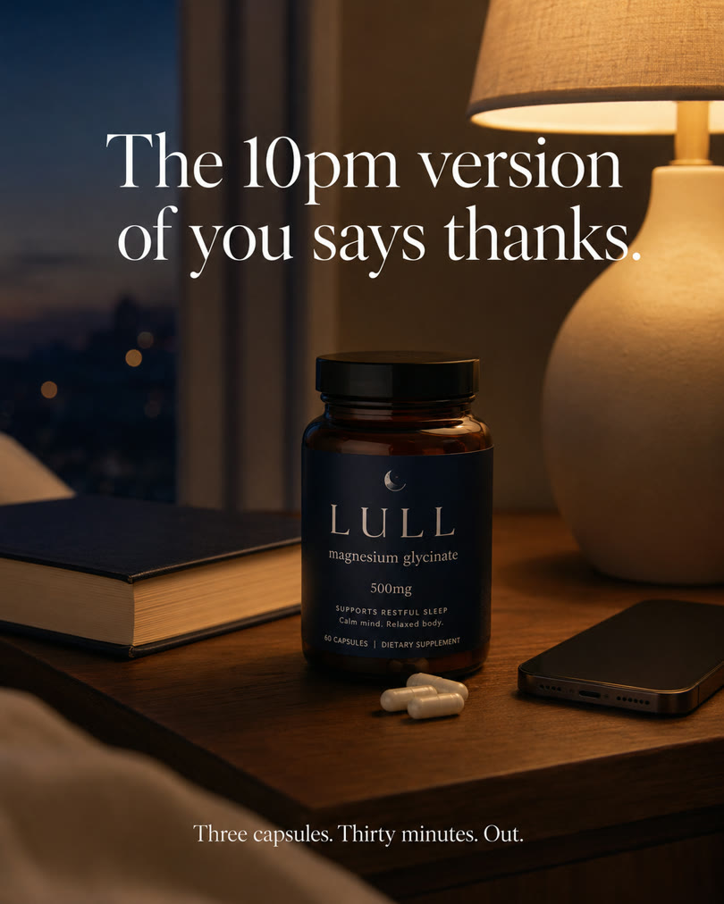 AI-generated spec ad for a fictional magnesium supplement: calm nightstand scene at dusk