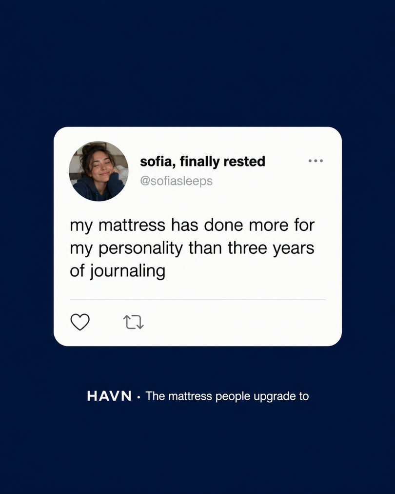 AI-generated spec ad for a fictional brand: social quote card for a mattress brand
