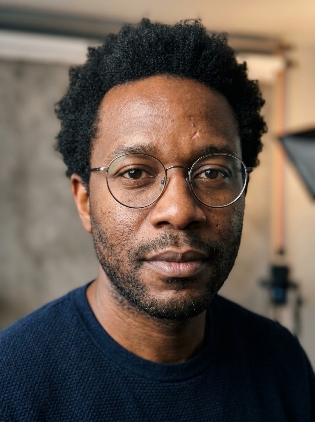 AI UGC creator headshot in a softlit studio, ringlight visible in background, editorial portrait