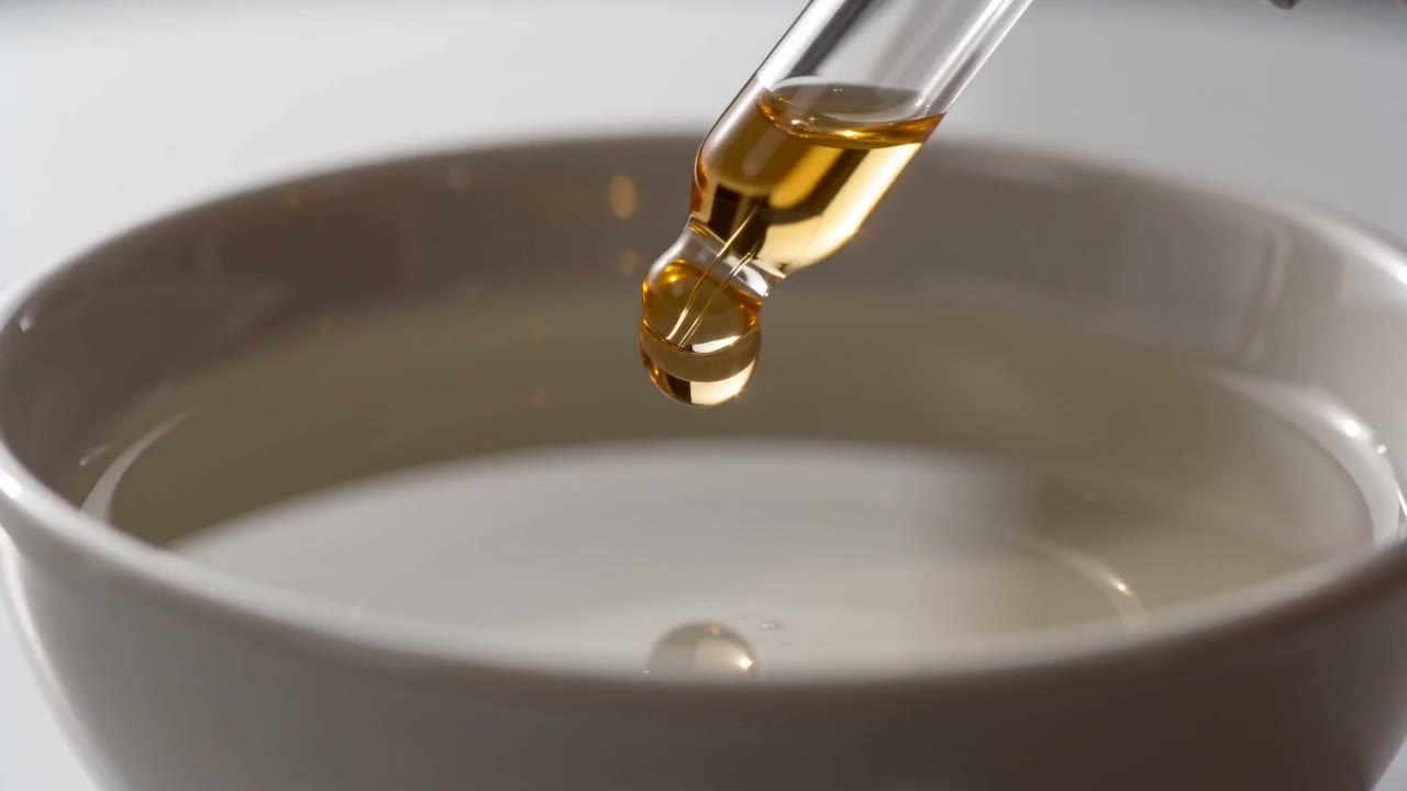 Luxury skincare serum dropper commercial. AI-generated macro beauty shot