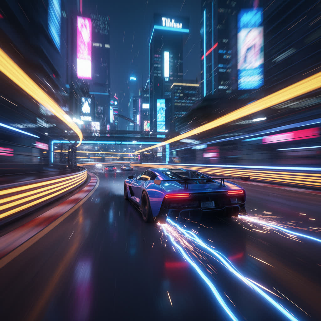Racing game screenshot, neon-lit night track. AI-generated key art