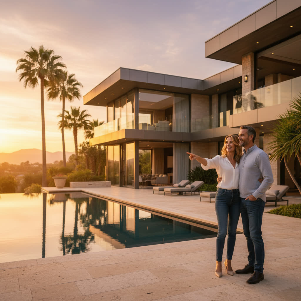 Couple viewing luxury home at golden hour. AI-generated vertical real estate ad