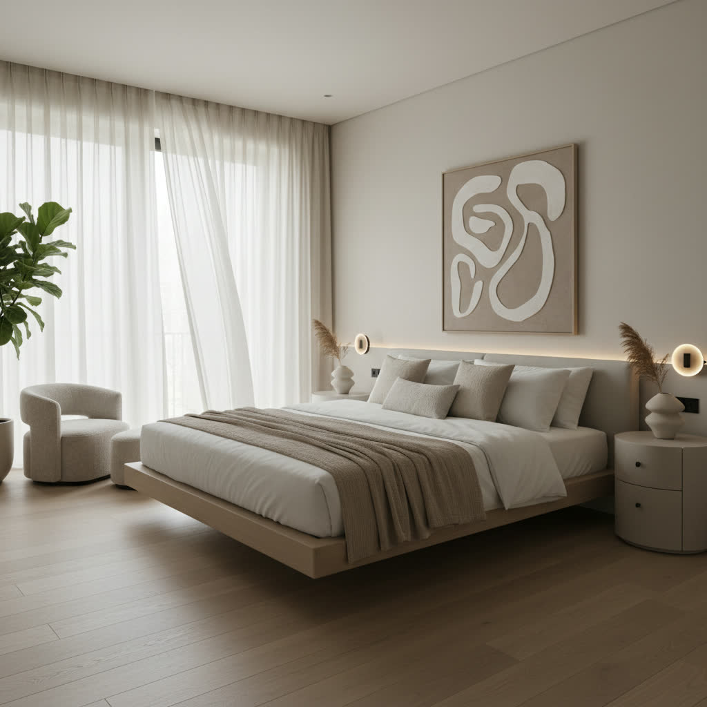 Serene luxury bedroom in soft morning light. AI-generated listing photography