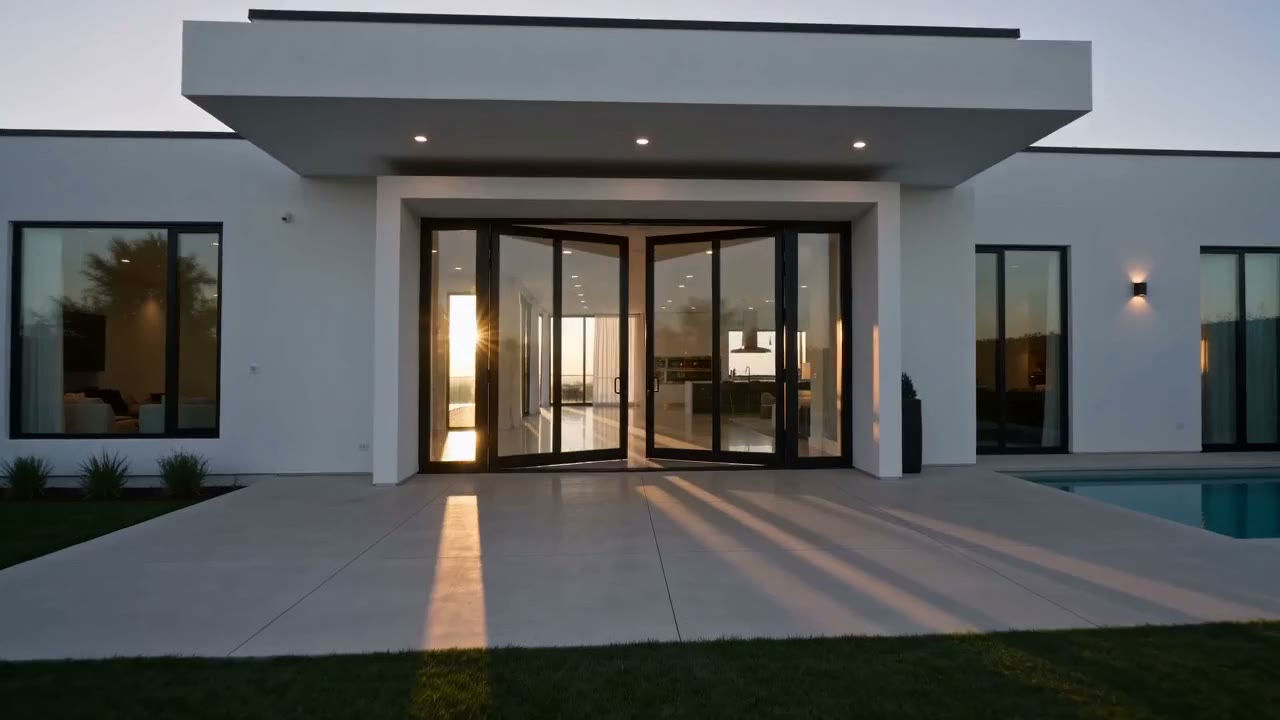 Luxury home walkthrough video, gimbal push through glass door. AI-generated