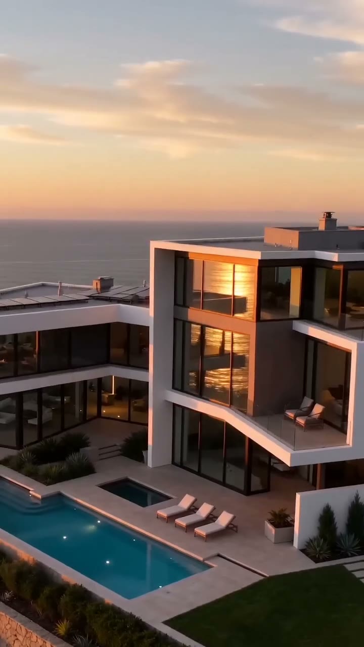 Aerial drone lifting over luxury hillside home. AI-generated 9:16 reel