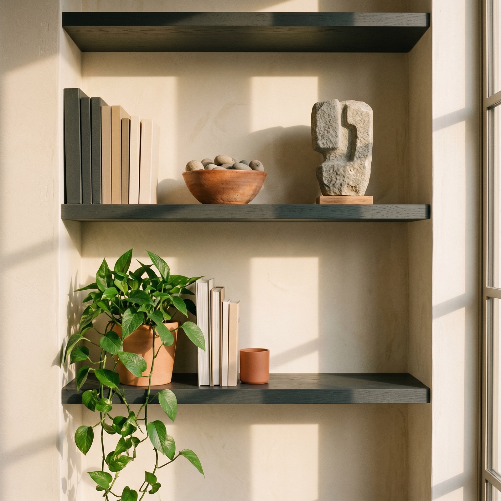 Styled interior shelf with books, ceramics and trailing plant. AI-generated home lifestyle vertical
