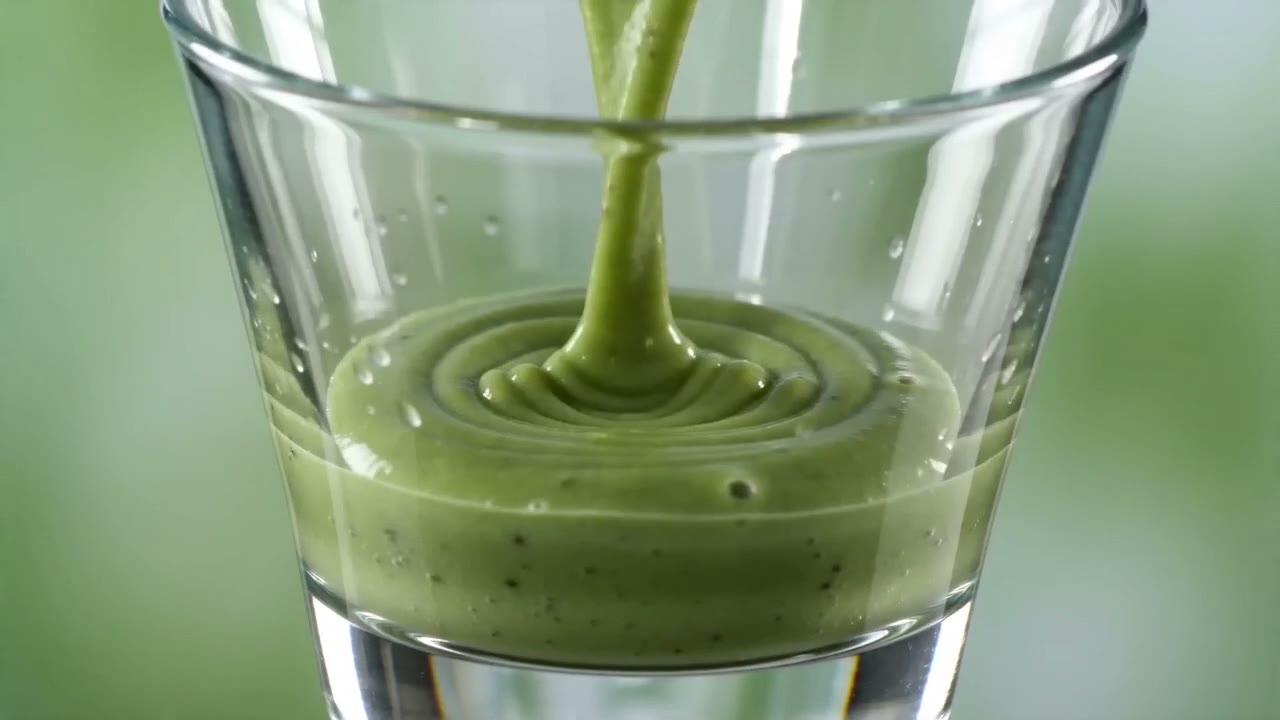 Green smoothie pour commercial, slow-motion ingredients. AI-generated wellness