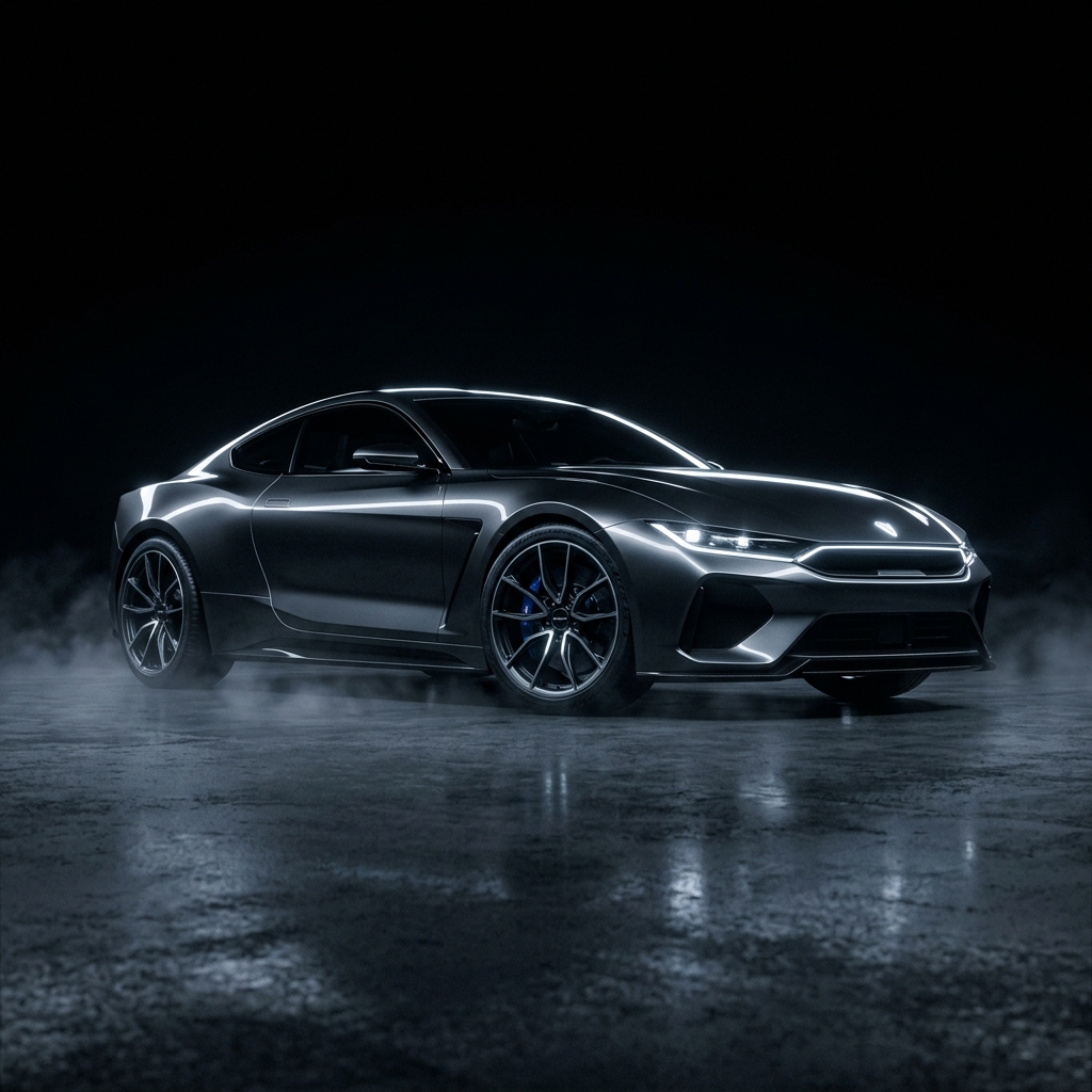 Cinematic low-angle reveal of an electric coupe in rim light