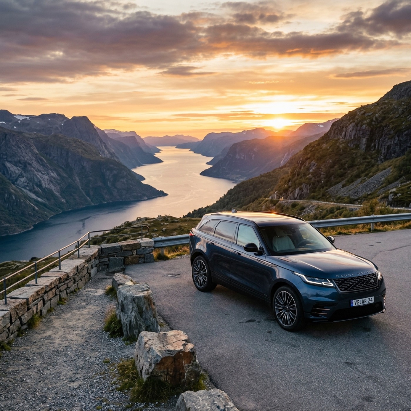 Premium SUV on a mountain pass at golden hour