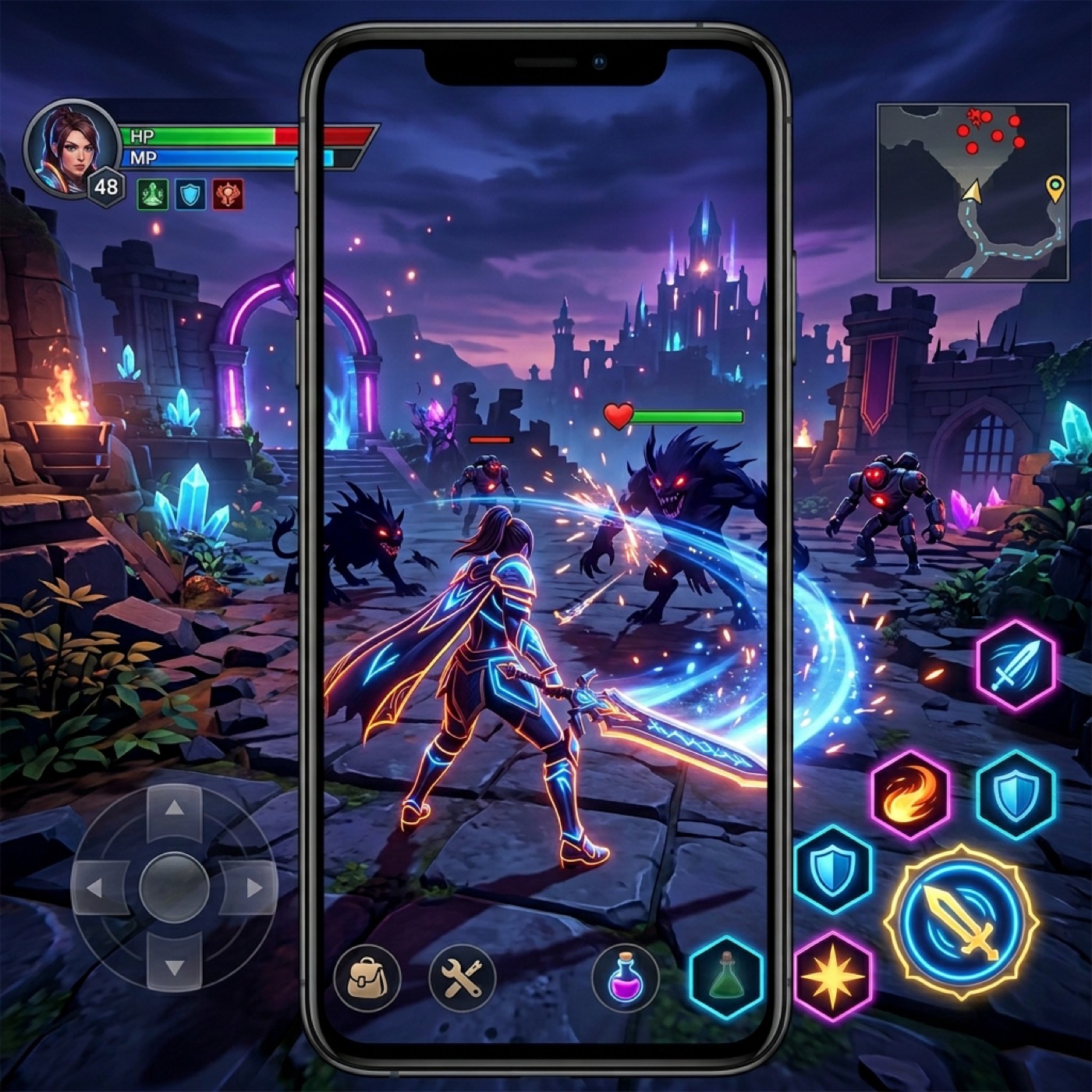 Vertical mobile RPG combat scene with readable HUD