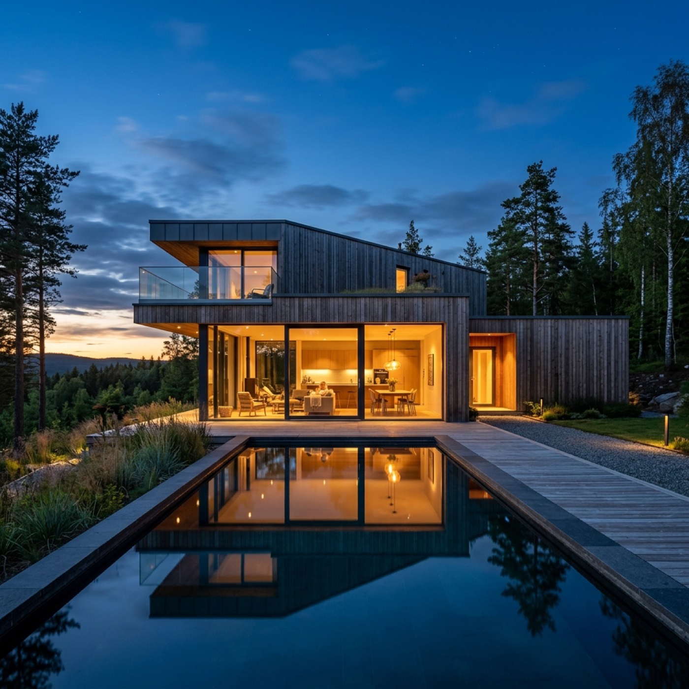 Twilight architectural exterior of a modern Scandinavian home